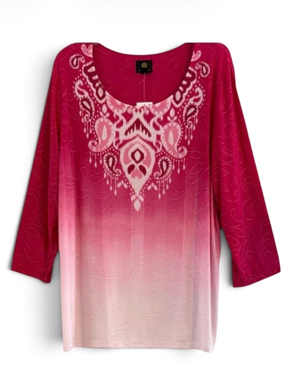 JM Collection Pink Ombre Paisley Medallion Scoop Neck 3/4 Sleeve Top Plus 2X NWT